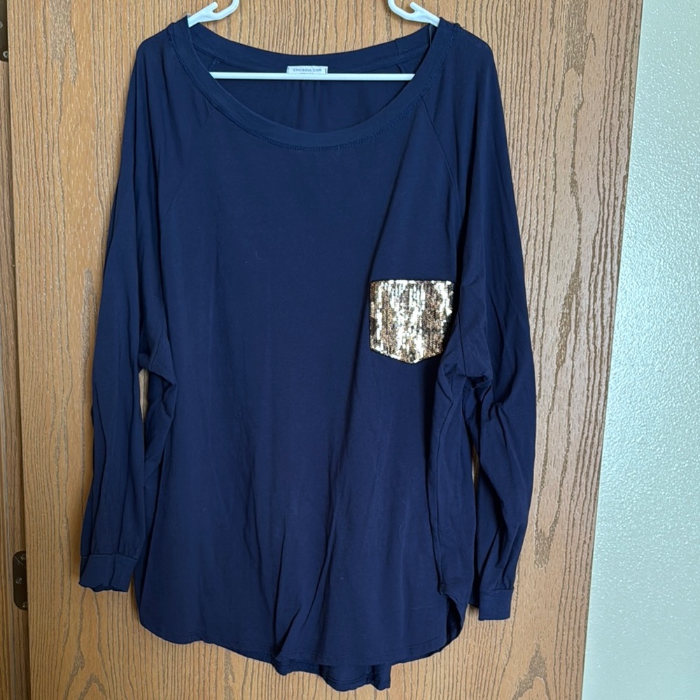 Navy Blue Top with Gold Sequin Pocket